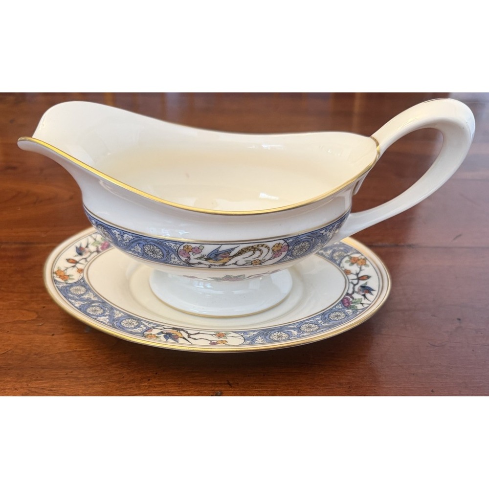 Vintage 1920s Lenox MING China Gravy Boat & Underplate Saucer 2-Pc Black Stamp